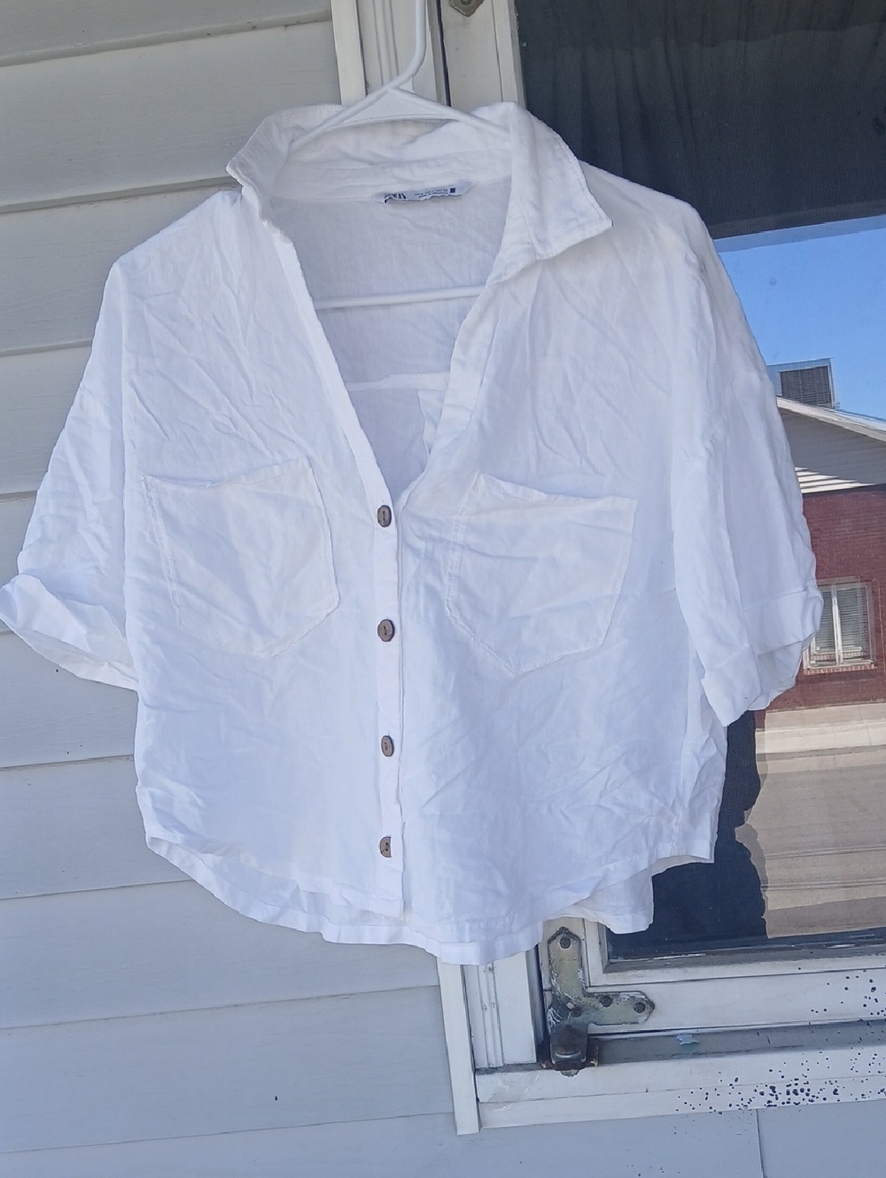 Zara Cropped 100 % Linen White Button-Up Top Cropped Short Sleeves
